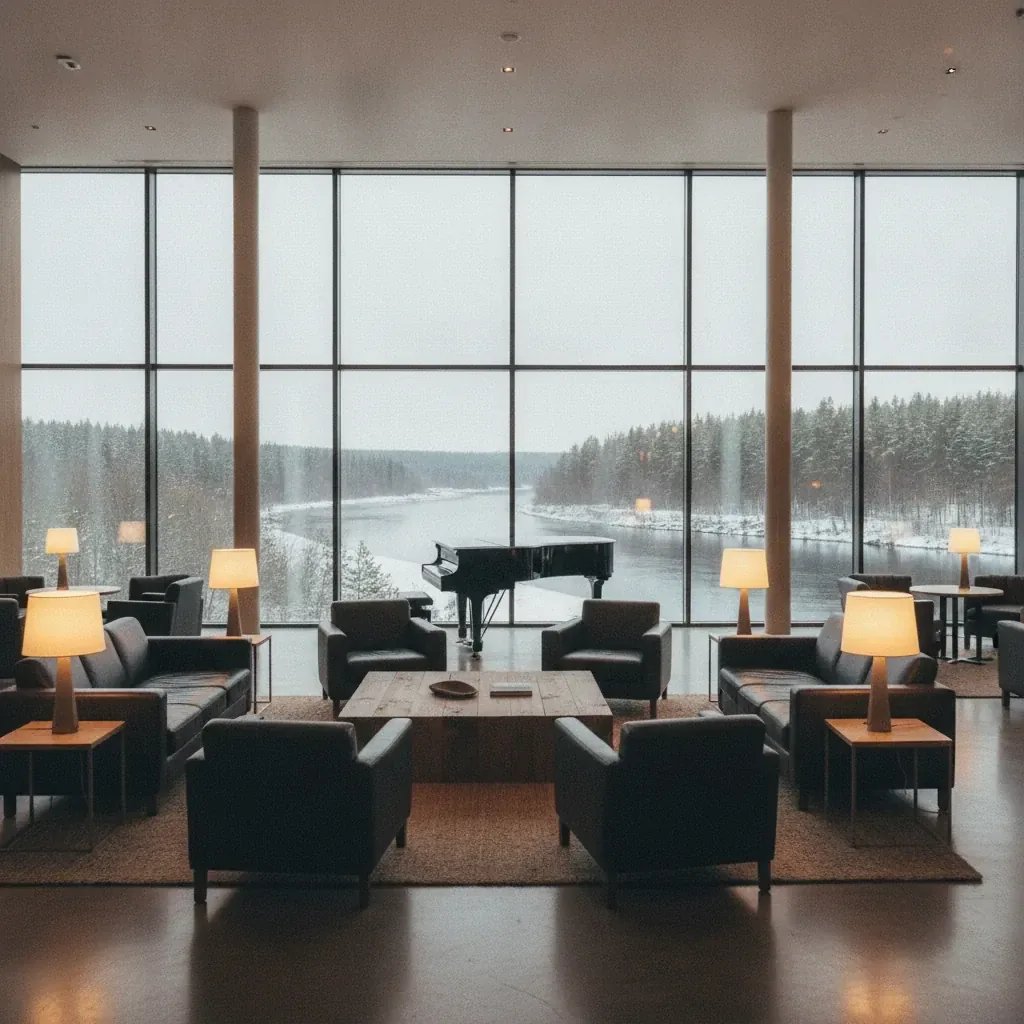 Editorial hotel lobby lounge with low lamps