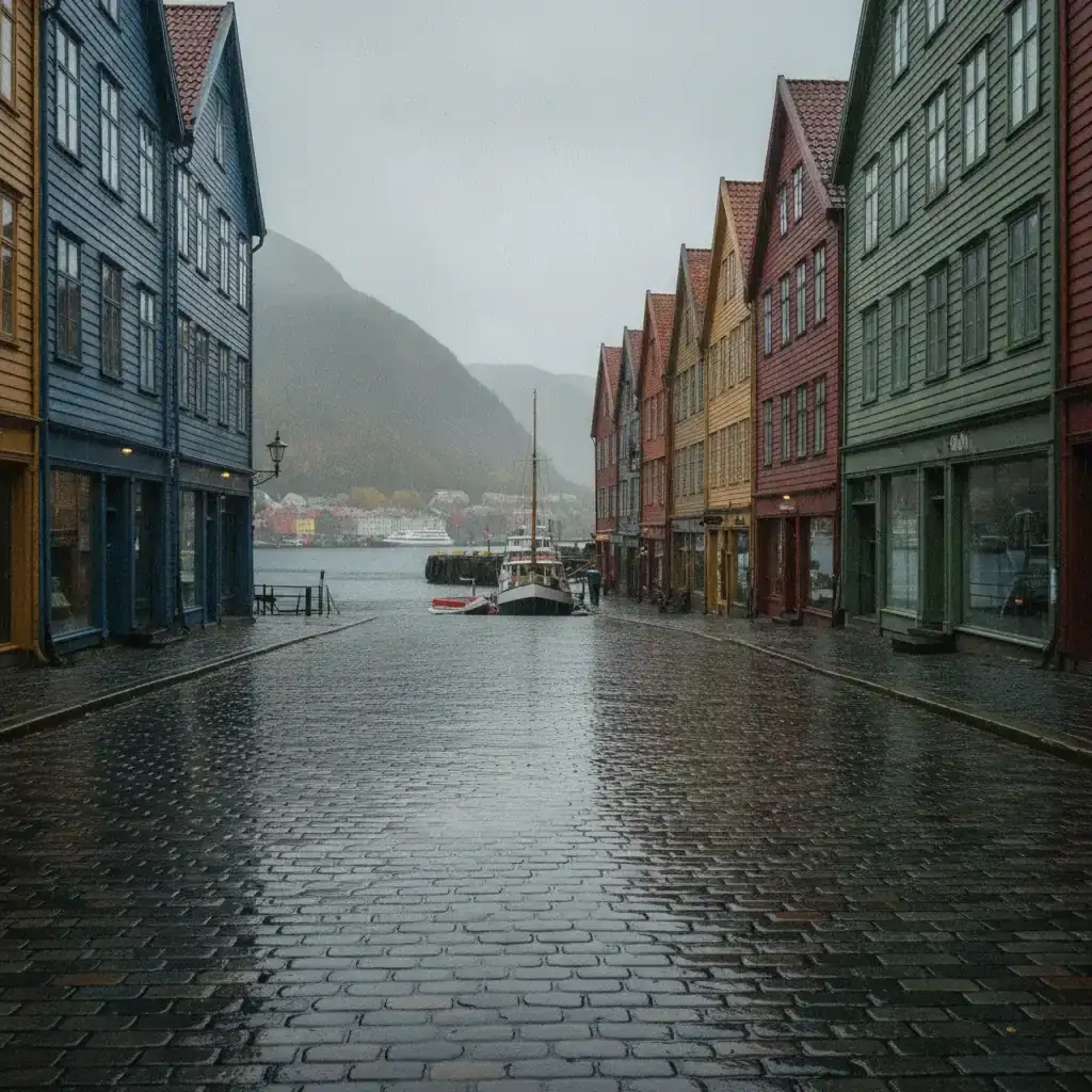 Bergen waterfront timber warehouses after rain
