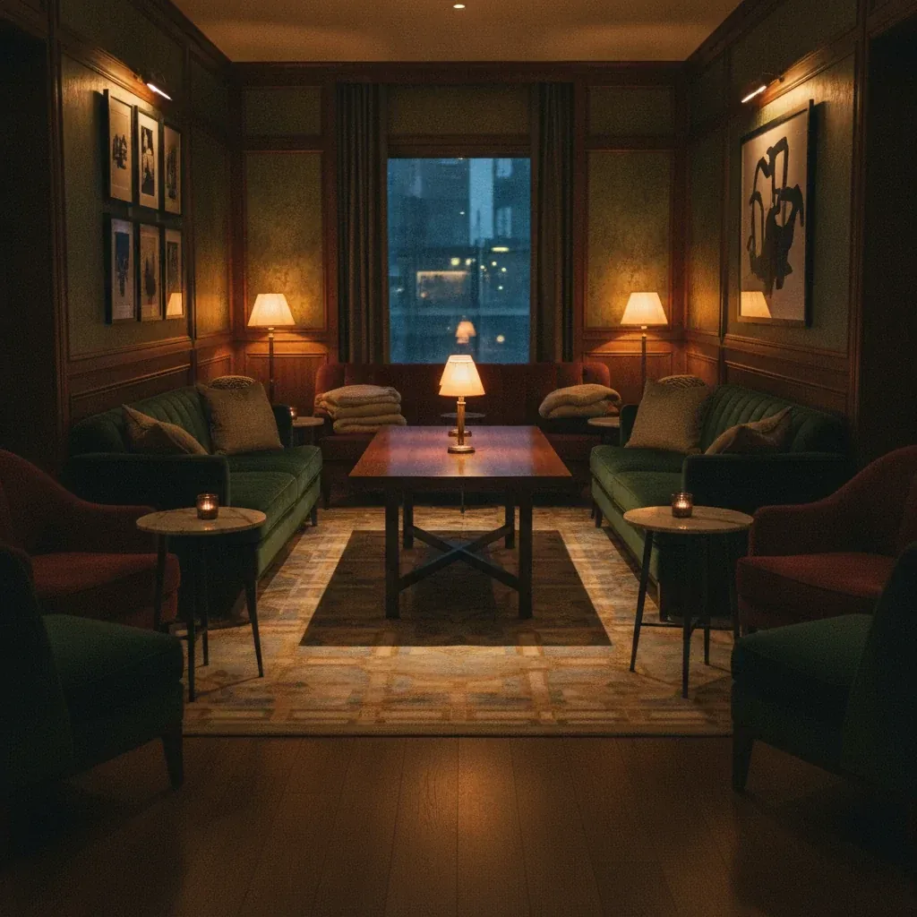 Dim hotel lounge with amber lamps and dark wood