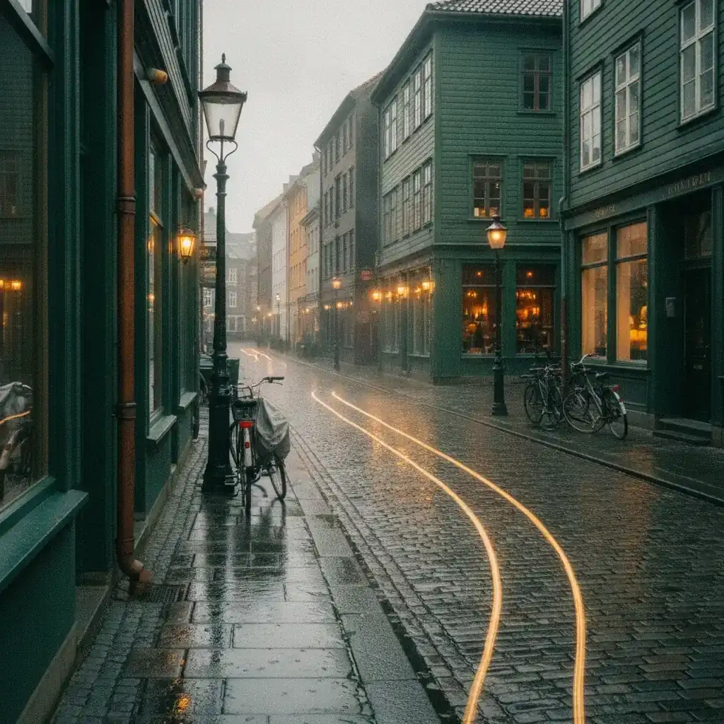 Quiet Bergen canal street after rain