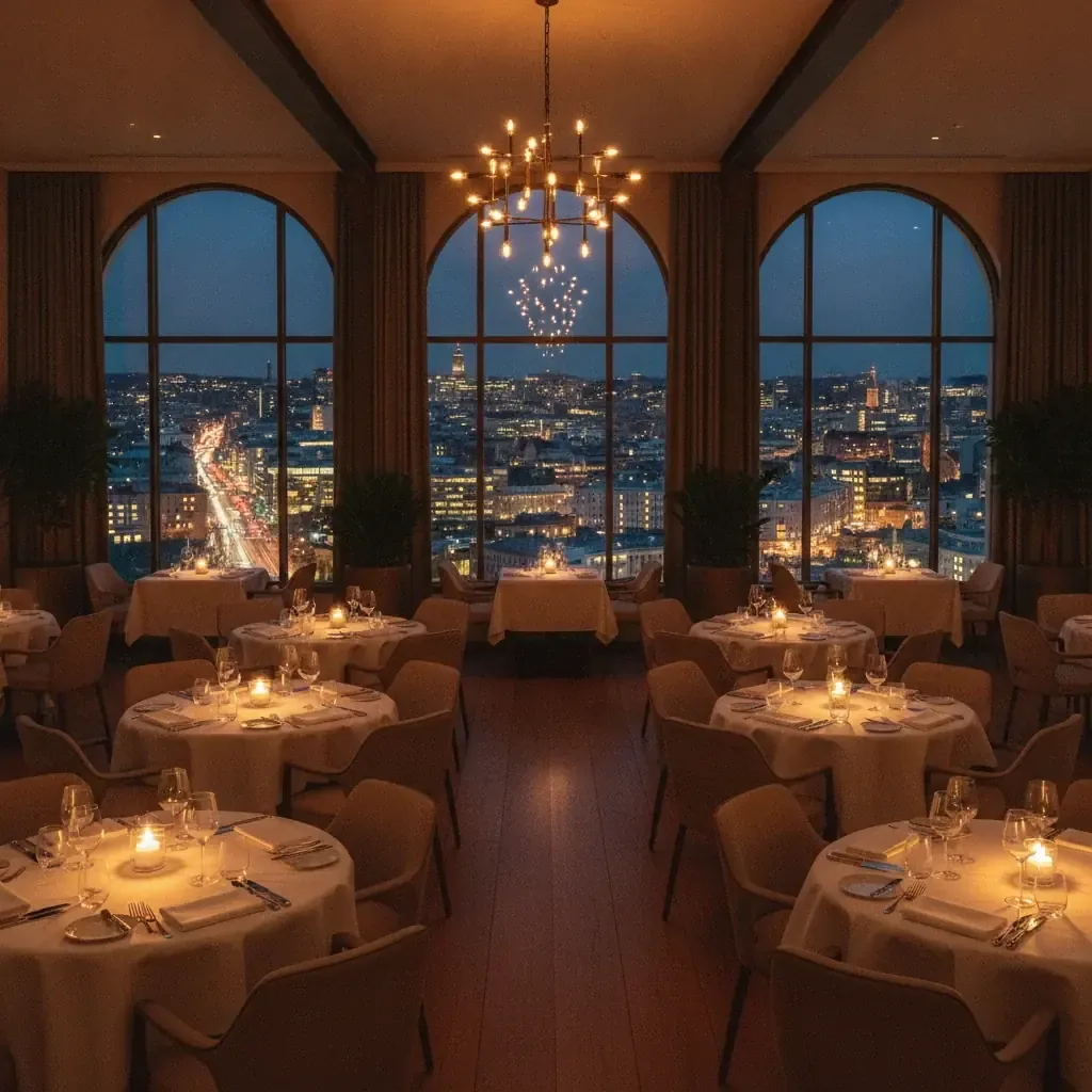 Editorial hotel restaurant with panoramic night windows