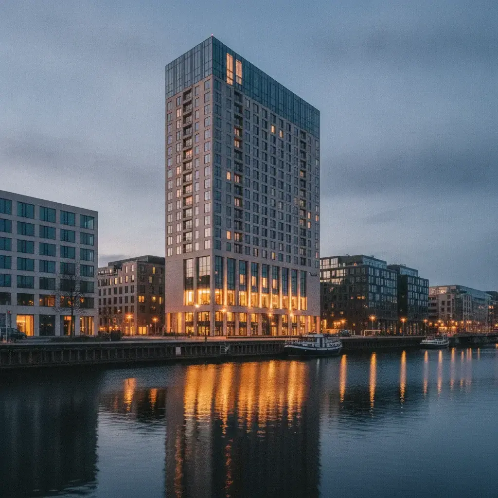Editorial view of a tall canal-side city hotel at dusk
