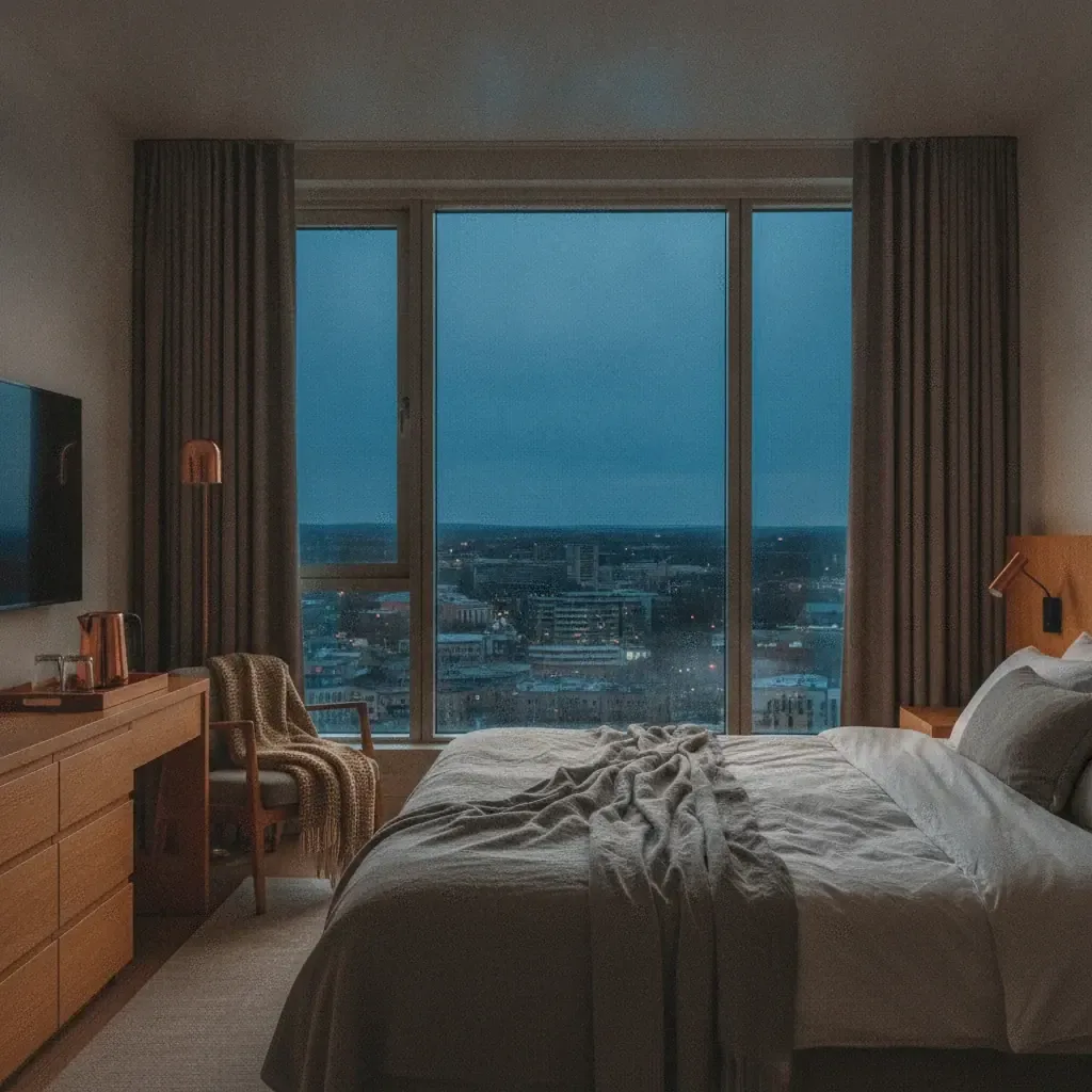 Editorial high-floor hotel room with city-light windows