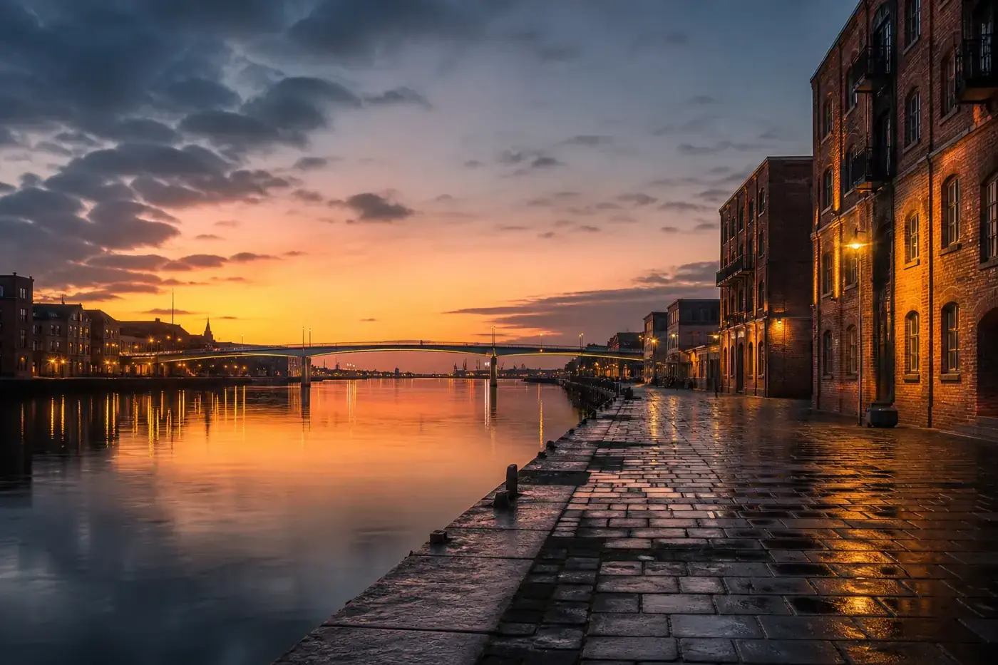 Editorial Limfjord waterfront in Aalborg at dusk