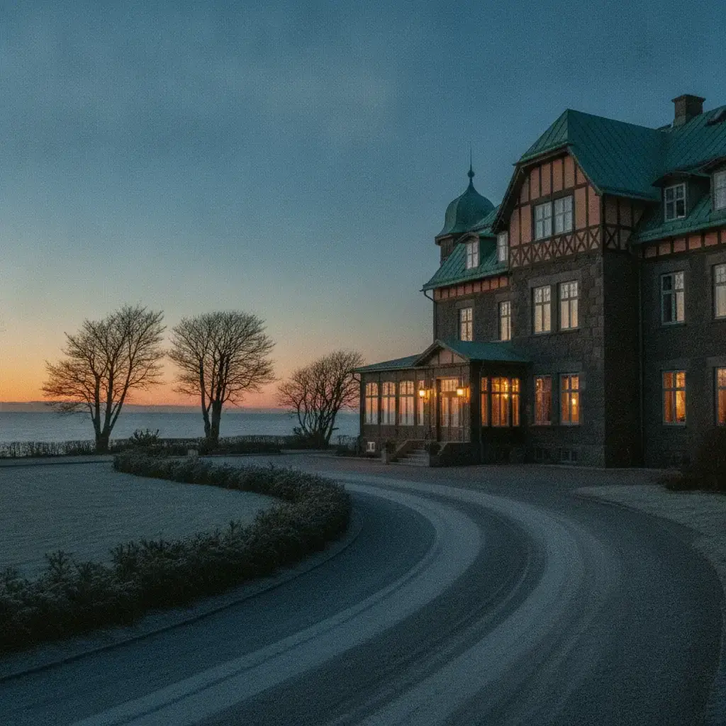 Historic Nordic seaside hotel facade at blue hour