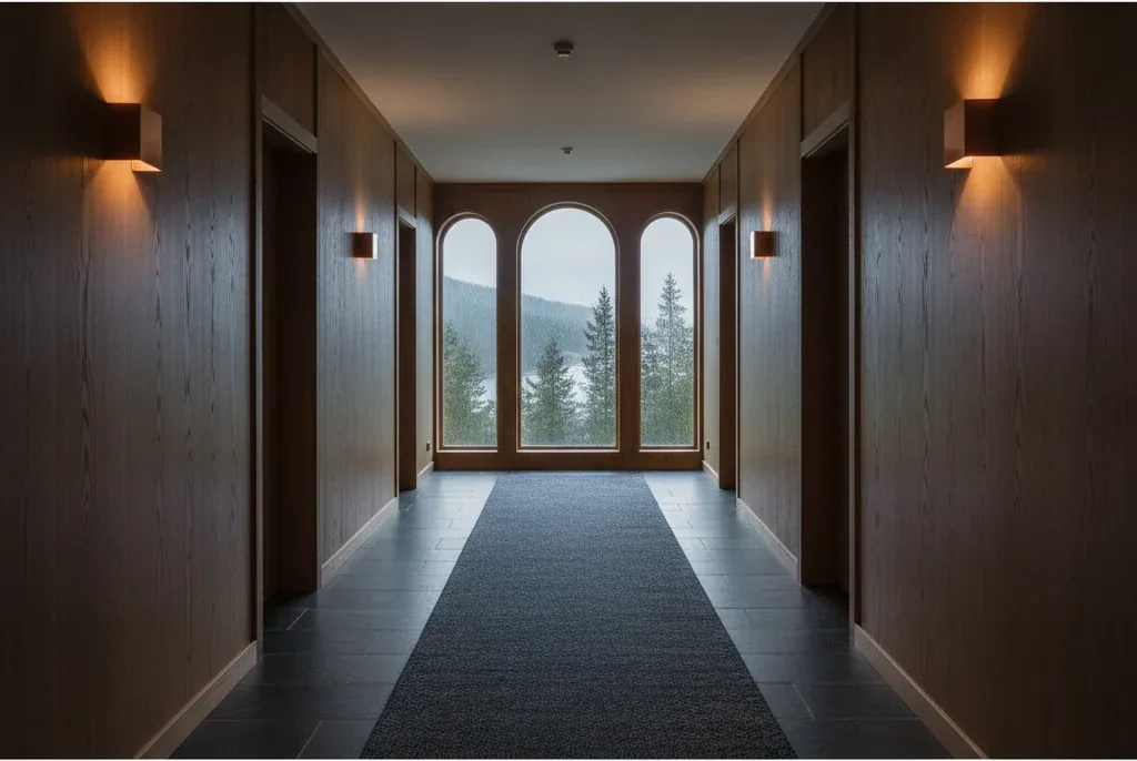 Quiet Scandinavian hotel corridor at dusk