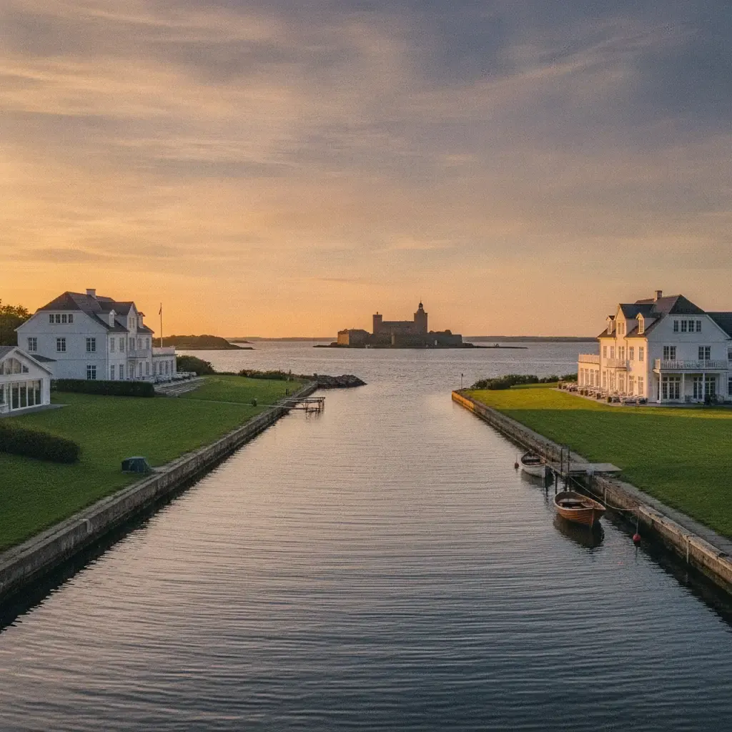 Editorial seaside hotel along a Nordic sound at evening