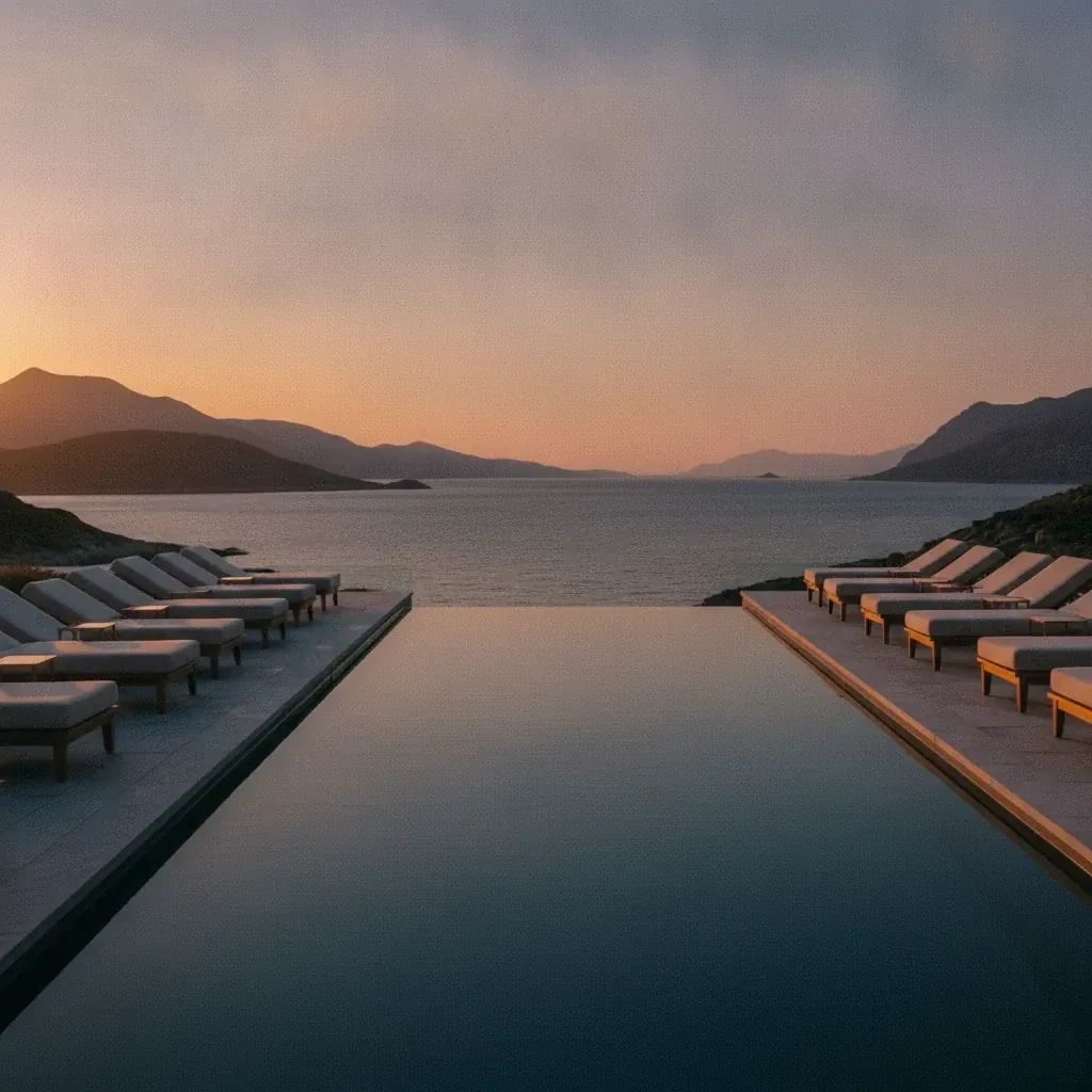 Editorial pool terrace facing a sea strait