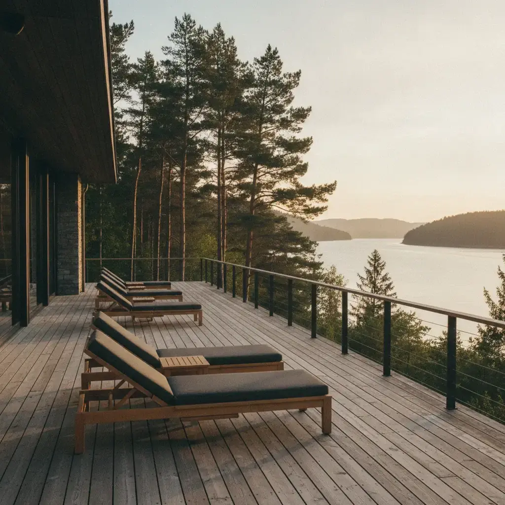 Editorial forest hotel terrace overlooking a fjord