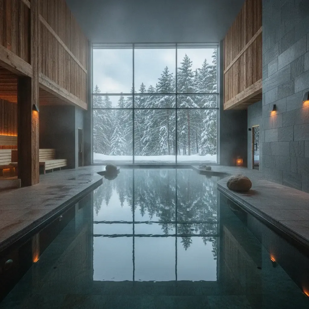 Editorial indoor spa pool with forest windows