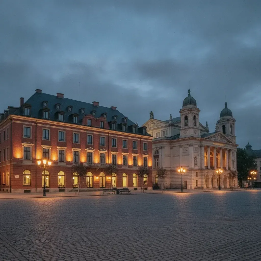 Editorial red-brick city hotel on a historic square