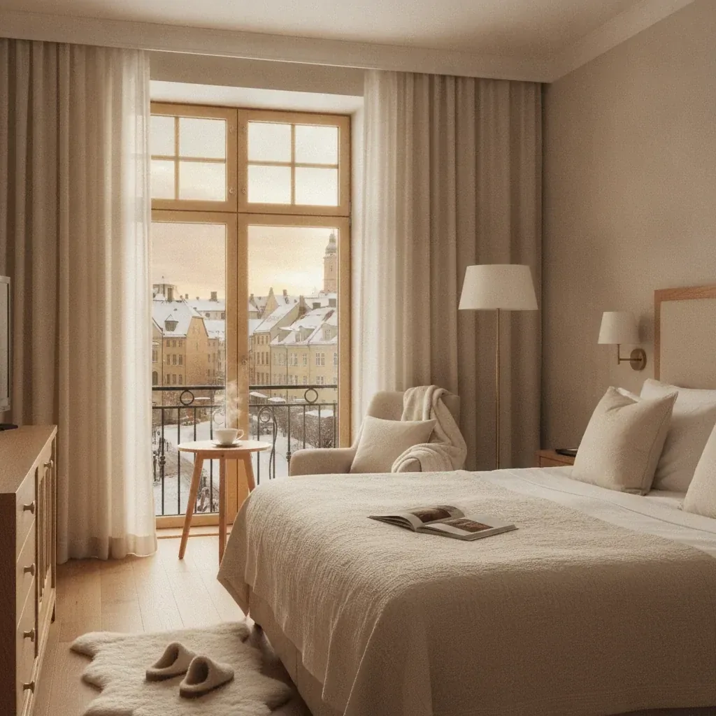 Editorial bright Nordic hotel room with courtyard window