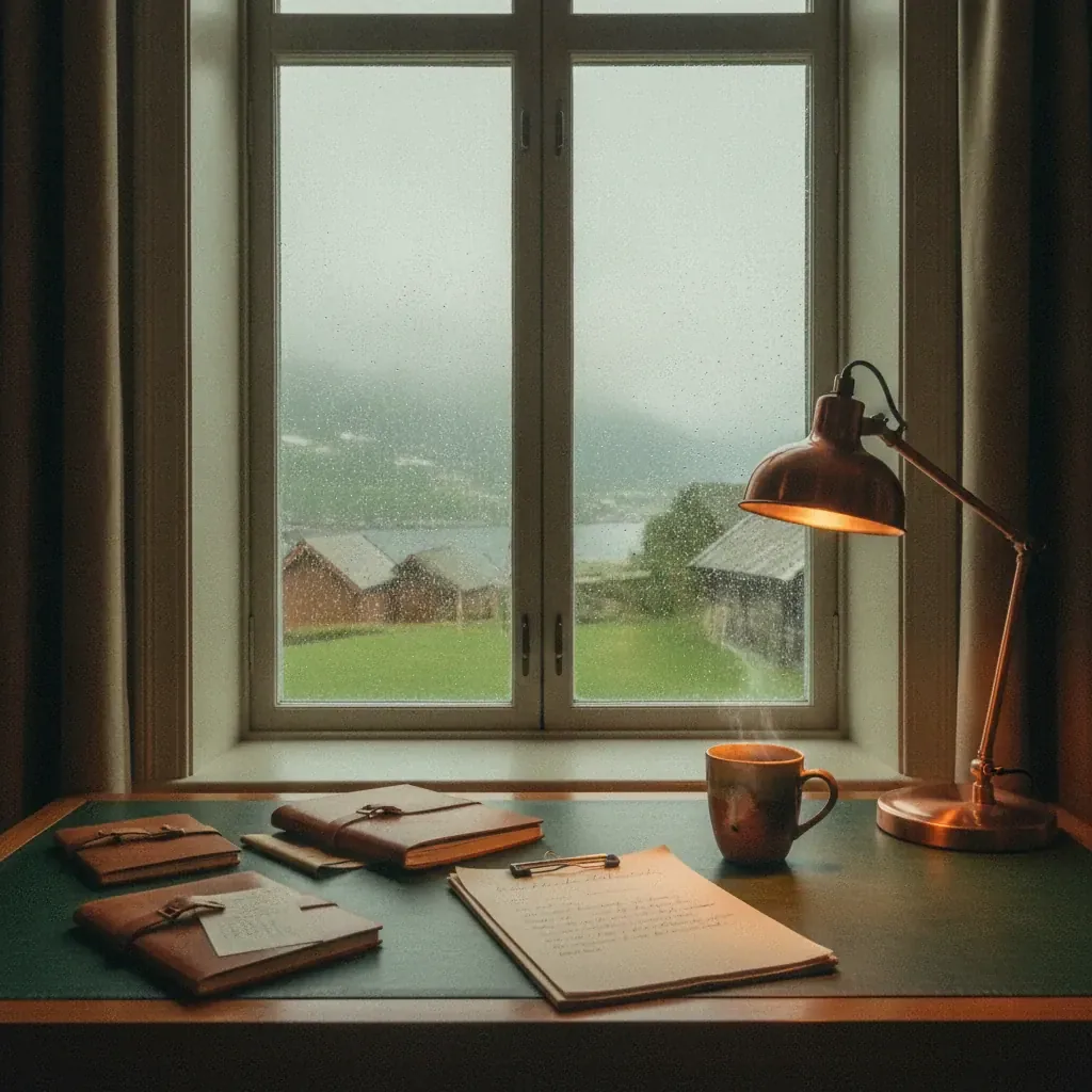 A reviewer's desk with notebooks beside a rainy window